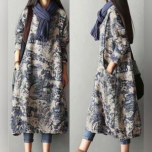 Minibee Cocoon Dress Japanese Toile Print Lagenlook Cotton Blend Size L